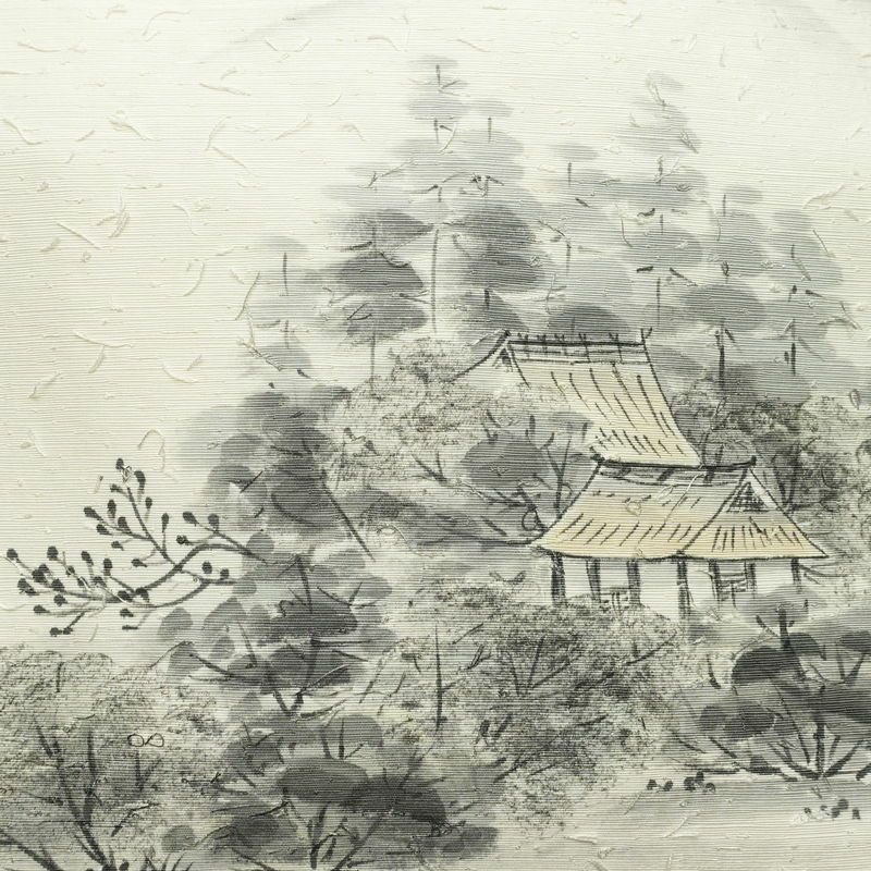 名古屋帯 髭紬 太鼓柄 良品 落款入り 正絹 風景柄 名古屋仕立て なごや帯 リサイクル帯 帯 白_画像2