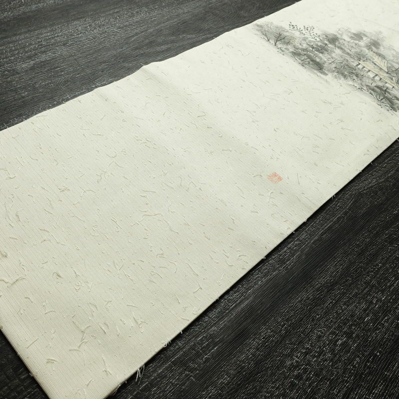 名古屋帯 髭紬 太鼓柄 良品 落款入り 正絹 風景柄 名古屋仕立て なごや帯 リサイクル帯 帯 白_画像9