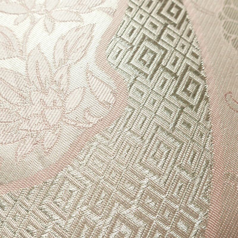 名古屋帯 六通柄 良品 正絹 古典柄 名古屋仕立て なごや帯 リサイクル帯 帯 箔 扇子 ピンク_画像2