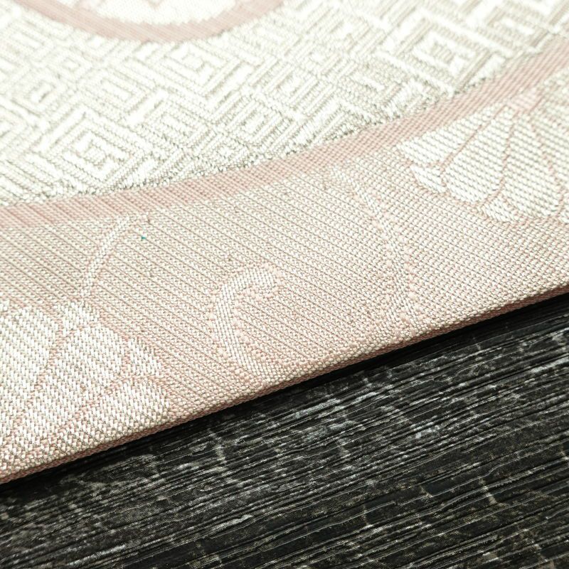 名古屋帯 六通柄 良品 正絹 古典柄 名古屋仕立て なごや帯 リサイクル帯 帯 箔 扇子 ピンク_画像11