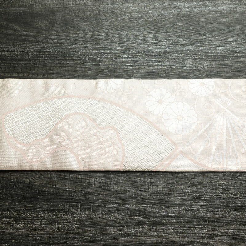 名古屋帯 六通柄 良品 正絹 古典柄 名古屋仕立て なごや帯 リサイクル帯 帯 箔 扇子 ピンク_画像13