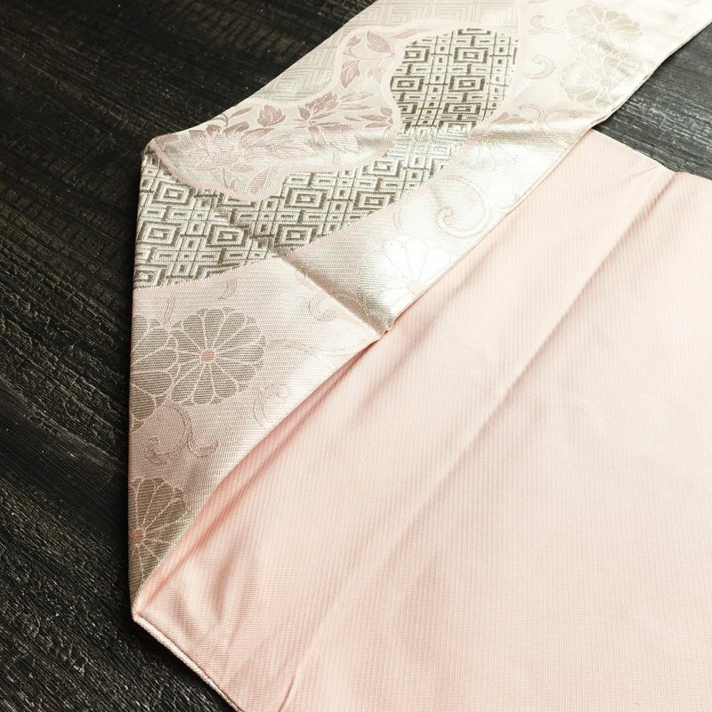 名古屋帯 六通柄 良品 正絹 古典柄 名古屋仕立て なごや帯 リサイクル帯 帯 箔 扇子 ピンク_画像17