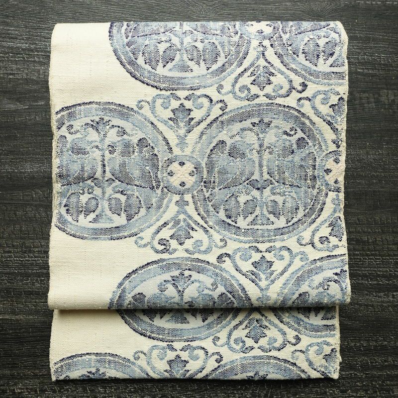 名古屋帯 六通柄 美品 正絹 幾何学柄・抽象柄 松葉仕立て なごや帯 リサイクル帯 帯 白_画像1