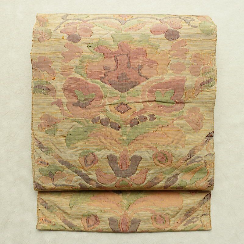 名古屋帯 六通柄 ふくれ織 正絹 花柄 通し仕立て なごや帯 リサイクル帯 帯 クリーム_画像1