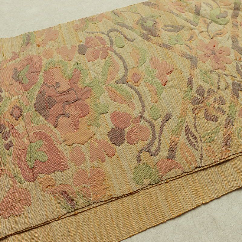 名古屋帯 六通柄 ふくれ織 正絹 花柄 通し仕立て なごや帯 リサイクル帯 帯 クリーム_画像12