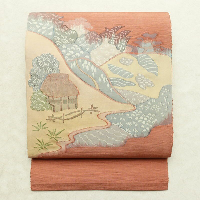 名古屋帯 太鼓柄 良品 正絹 風景柄 通し仕立て なごや帯 リサイクル帯 帯 ピンク_画像1