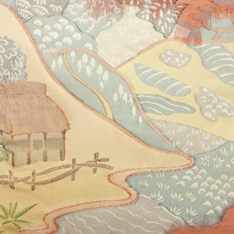 名古屋帯 太鼓柄 良品 正絹 風景柄 通し仕立て なごや帯 リサイクル帯 帯 ピンク_画像2