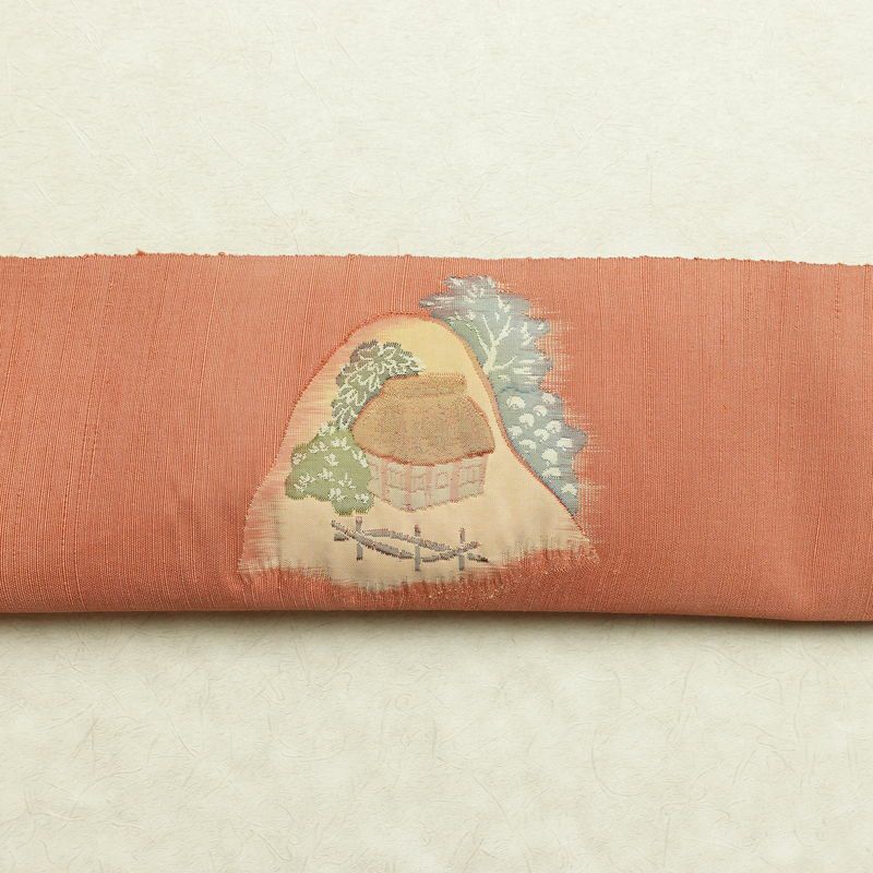 名古屋帯 太鼓柄 良品 正絹 風景柄 通し仕立て なごや帯 リサイクル帯 帯 ピンク_画像14