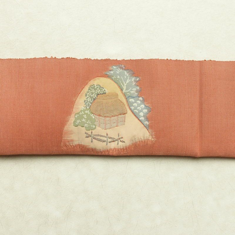 名古屋帯 太鼓柄 良品 正絹 風景柄 通し仕立て なごや帯 リサイクル帯 帯 ピンク_画像15