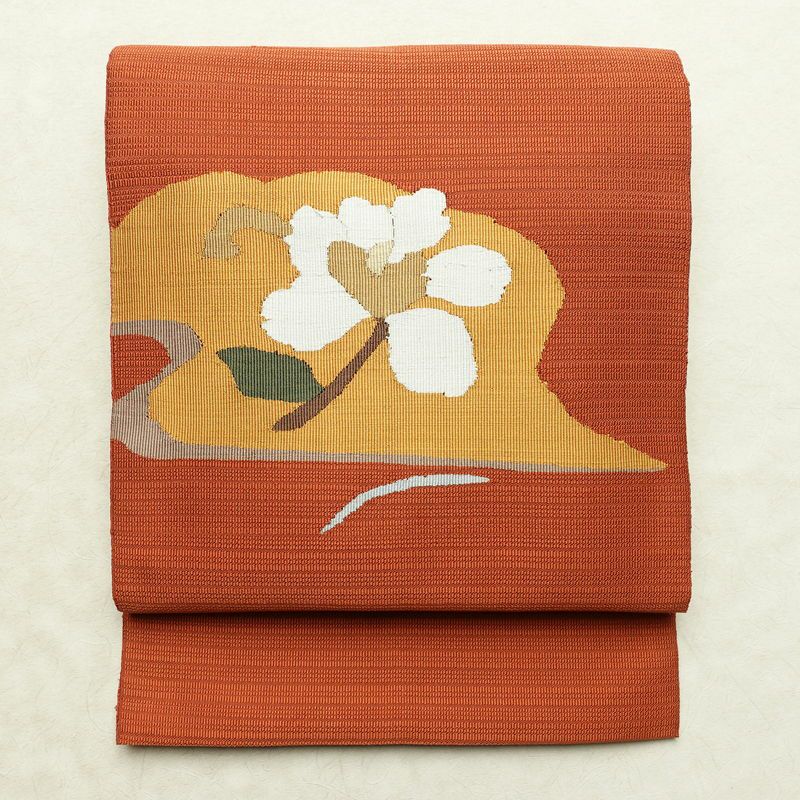 名古屋帯 太鼓柄 正絹 花柄 通し仕立て なごや帯 リサイクル帯 帯 モダン シンプル 橙_画像1