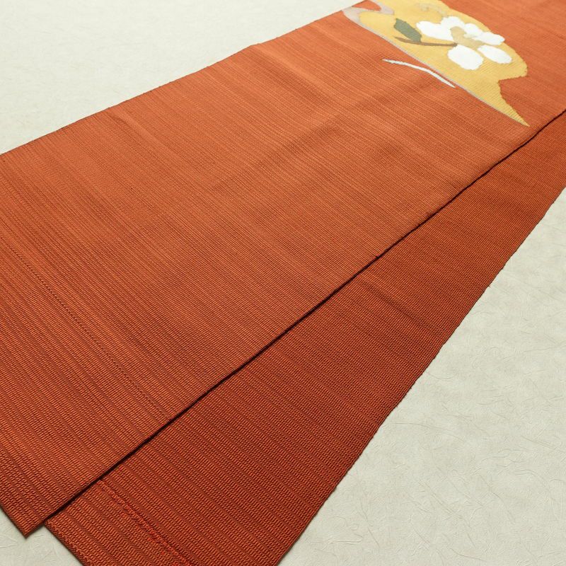 名古屋帯 太鼓柄 正絹 花柄 通し仕立て なごや帯 リサイクル帯 帯 モダン シンプル 橙_画像7
