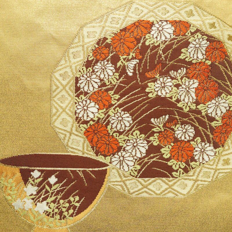 名古屋帯 太鼓柄 正絹 古典柄 名古屋仕立て なごや帯 リサイクル帯 帯 引箔 金糸 菊 ベージュ_画像2