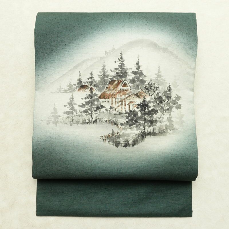 名古屋帯 太鼓柄 正絹 風景柄 名古屋仕立て なごや帯 リサイクル帯 帯 シンプル 緑・うぐいす色_画像1