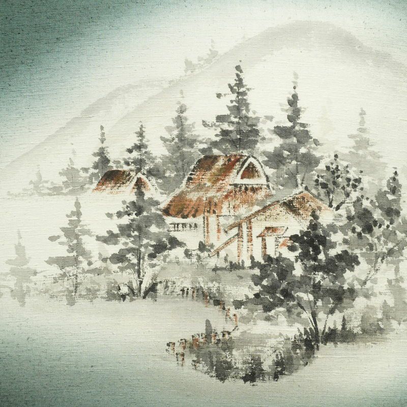 名古屋帯 太鼓柄 正絹 風景柄 名古屋仕立て なごや帯 リサイクル帯 帯 シンプル 緑・うぐいす色_画像2