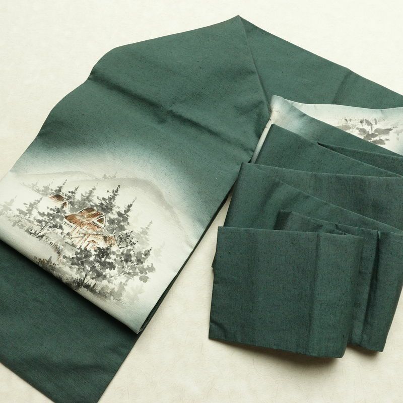 名古屋帯 太鼓柄 正絹 風景柄 名古屋仕立て なごや帯 リサイクル帯 帯 シンプル 緑・うぐいす色_画像17