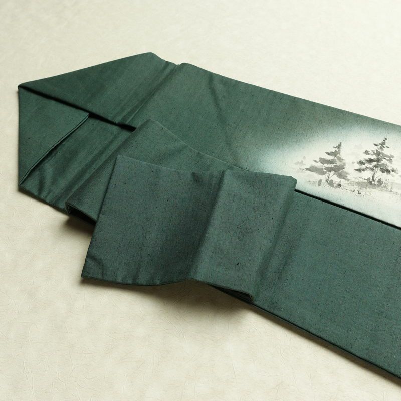 名古屋帯 太鼓柄 正絹 風景柄 名古屋仕立て なごや帯 リサイクル帯 帯 シンプル 緑・うぐいす色_画像21
