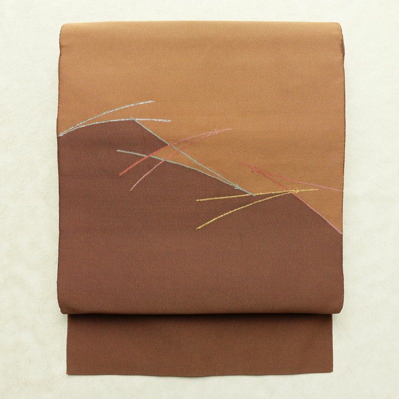 名古屋帯 太鼓柄 正絹 木の葉・植物柄 松葉仕立て なごや帯 リサイクル帯 帯 松葉 シンプル 茶_画像1