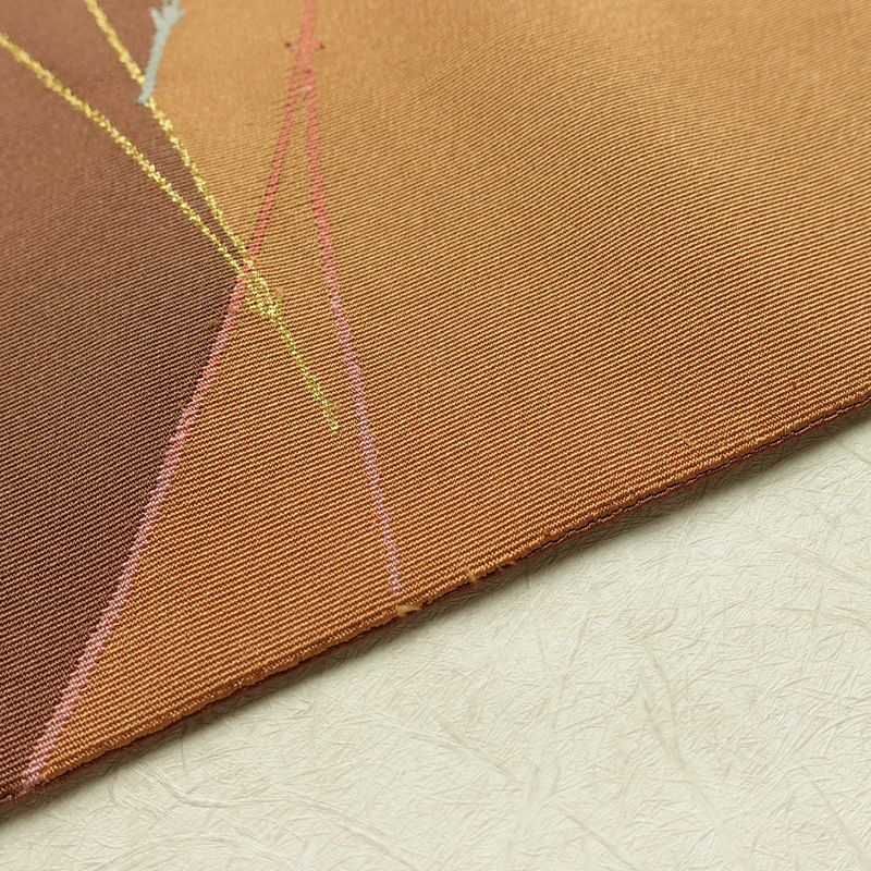 名古屋帯 太鼓柄 正絹 木の葉・植物柄 松葉仕立て なごや帯 リサイクル帯 帯 松葉 シンプル 茶_画像12