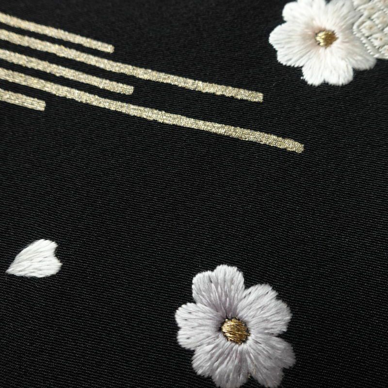 付け下げ 良品 しつけ糸付き 縮緬 正絹 古典柄 袷仕立て 身丈168.5cm 裄丈68cm リサイクル着物 着物 刺繍 箔 共八掛 卒業式 パーティー フォーマル シンプル 松 桜 黒_画像9