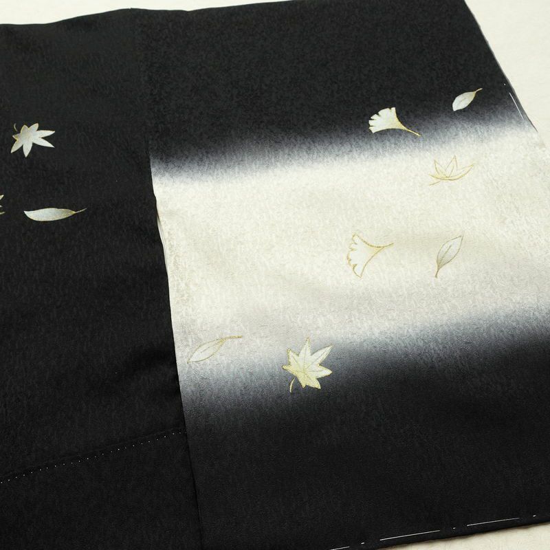 付け下げ 美品 しつけ糸付き 正絹 木の葉・植物柄 袷仕立て 身丈164cm 裄丈64.5cm リサイクル着物 着物 パーティー フォーマル モダン イチョウ 紅葉 黒_画像14