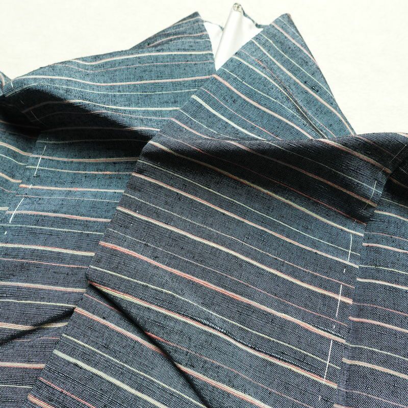 紬 しつけ糸付き 正絹 縞柄・線柄 袷仕立て 身丈162.5cm 裄丈64cm リサイクル着物 着物 青・紺_画像16