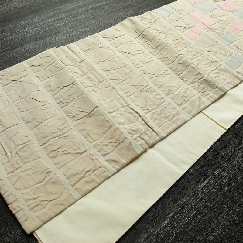 名古屋帯 太鼓柄 正絹 幾何学柄・抽象柄 通し仕立て なごや帯 リサイクル帯 帯 モダン ベージュ_画像8