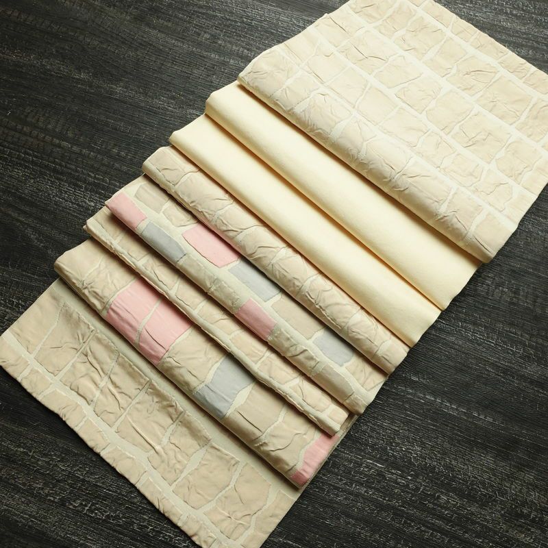 名古屋帯 太鼓柄 正絹 幾何学柄・抽象柄 通し仕立て なごや帯 リサイクル帯 帯 モダン ベージュ_画像16