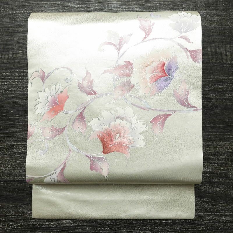 名古屋帯 太鼓柄 正絹 花柄 名古屋仕立て なごや帯 リサイクル帯 帯 刺繍 銀彩 金・銀_画像1
