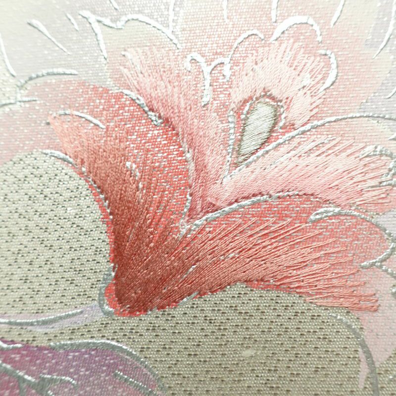 名古屋帯 太鼓柄 正絹 花柄 名古屋仕立て なごや帯 リサイクル帯 帯 刺繍 銀彩 金・銀_画像4