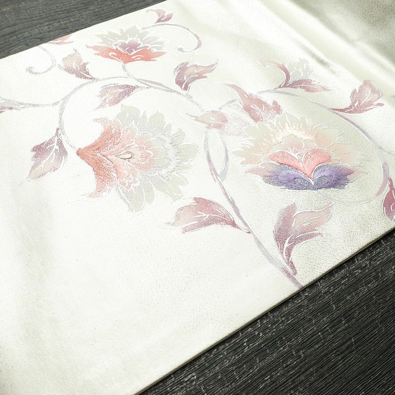 名古屋帯 太鼓柄 正絹 花柄 名古屋仕立て なごや帯 リサイクル帯 帯 刺繍 銀彩 金・銀_画像12