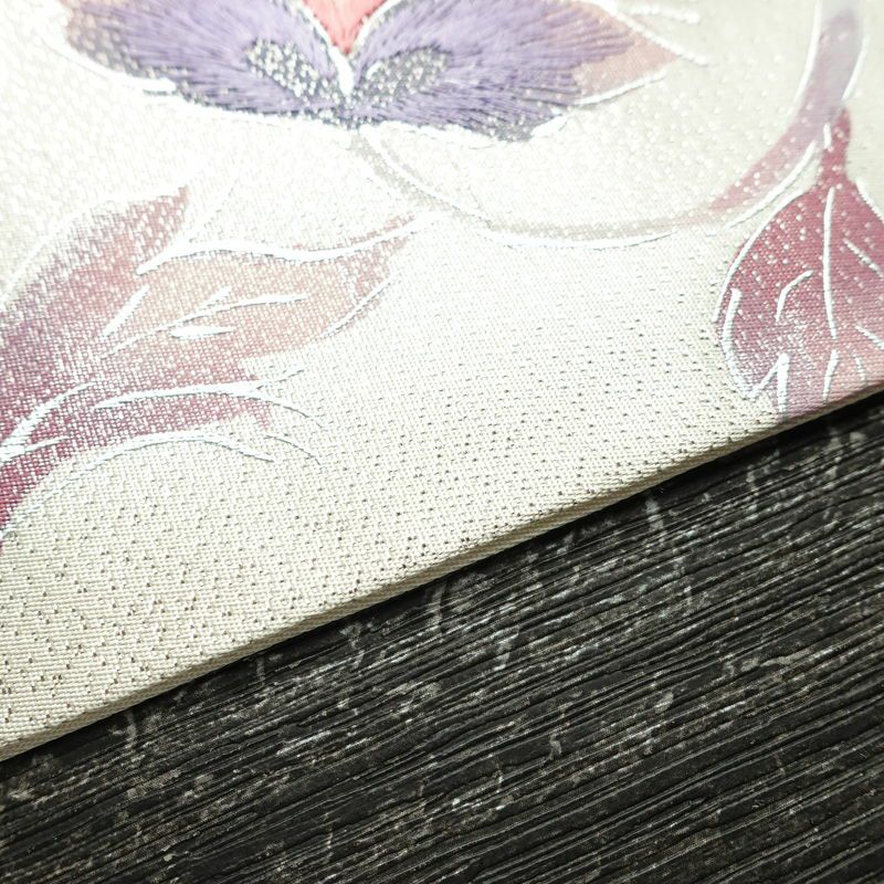 名古屋帯 太鼓柄 正絹 花柄 名古屋仕立て なごや帯 リサイクル帯 帯 刺繍 銀彩 金・銀_画像13