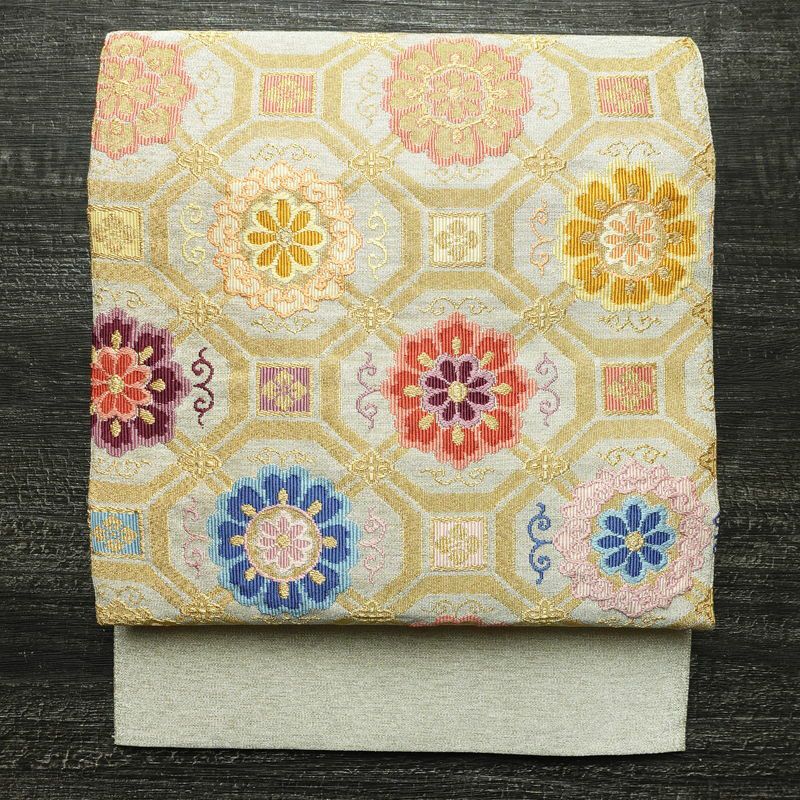 名古屋帯 太鼓柄 良品 つづれ織 正絹 幾何学柄・抽象柄 松葉仕立て なごや帯 リサイクル帯 帯 金・銀_画像1