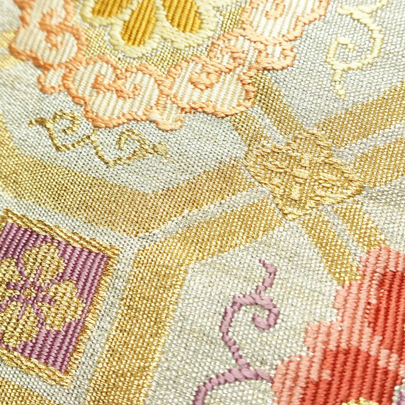 名古屋帯 太鼓柄 良品 つづれ織 正絹 幾何学柄・抽象柄 松葉仕立て なごや帯 リサイクル帯 帯 金・銀_画像5