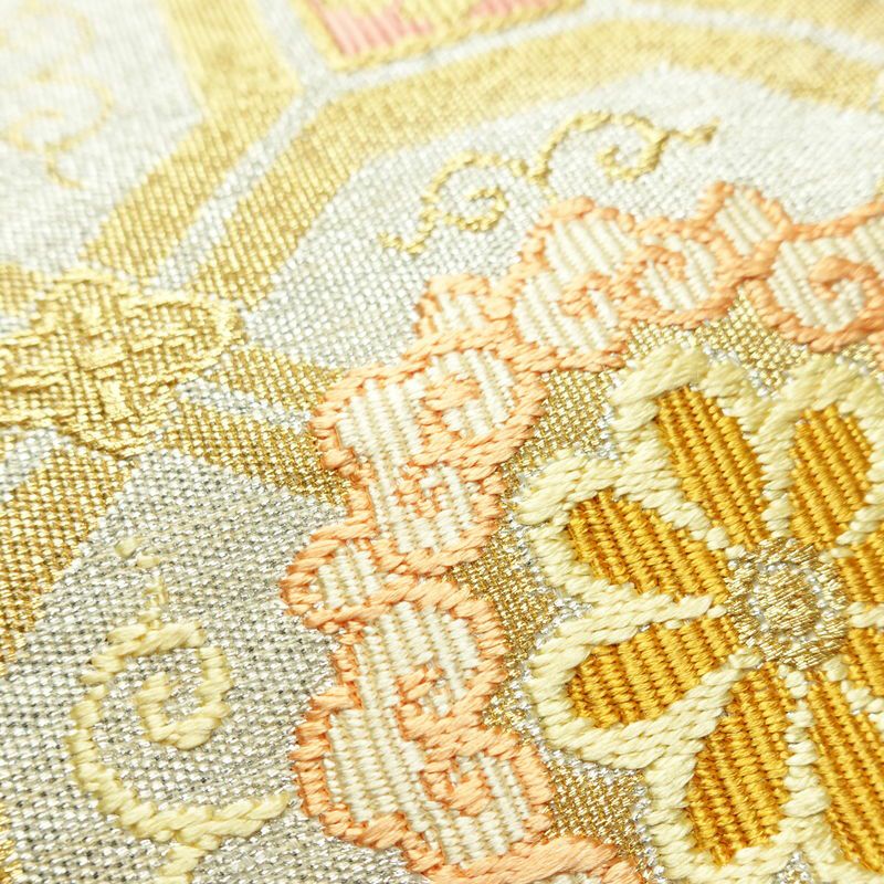 名古屋帯 太鼓柄 良品 つづれ織 正絹 幾何学柄・抽象柄 松葉仕立て なごや帯 リサイクル帯 帯 金・銀_画像7