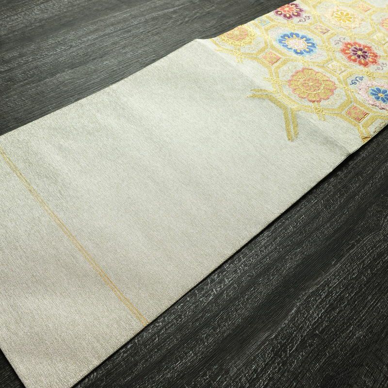 名古屋帯 太鼓柄 良品 つづれ織 正絹 幾何学柄・抽象柄 松葉仕立て なごや帯 リサイクル帯 帯 金・銀_画像9