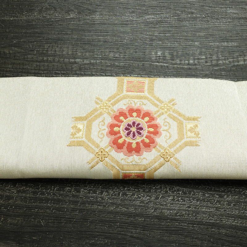 名古屋帯 太鼓柄 良品 つづれ織 正絹 幾何学柄・抽象柄 松葉仕立て なごや帯 リサイクル帯 帯 金・銀_画像14