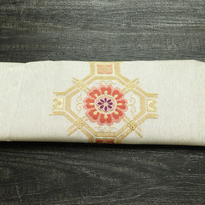 名古屋帯 太鼓柄 良品 つづれ織 正絹 幾何学柄・抽象柄 松葉仕立て なごや帯 リサイクル帯 帯 金・銀_画像15