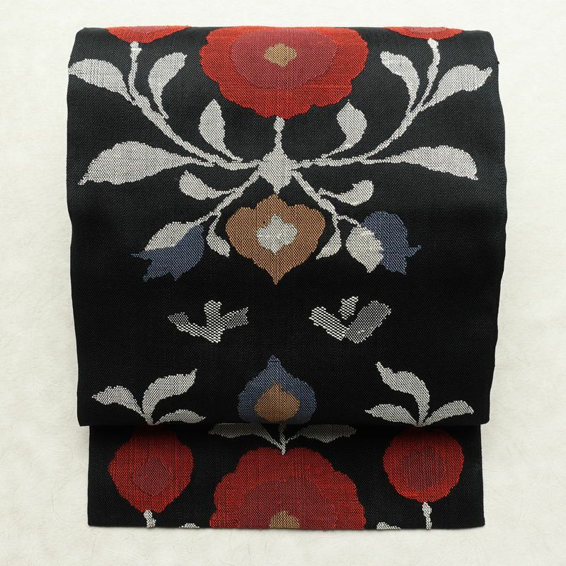 名古屋帯 六通柄 良品 正絹 花柄 松葉仕立て なごや帯 リサイクル帯 帯 黒_画像1