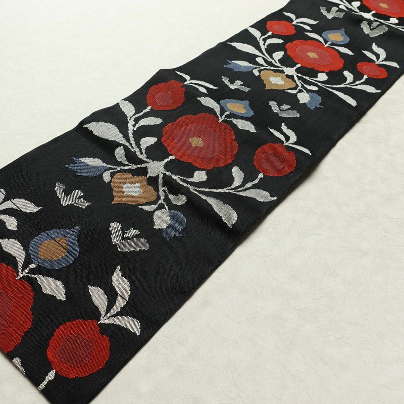 名古屋帯 六通柄 良品 正絹 花柄 松葉仕立て なごや帯 リサイクル帯 帯 黒_画像9