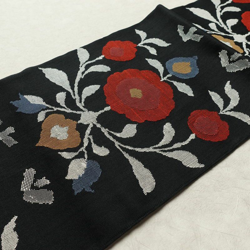名古屋帯 六通柄 良品 正絹 花柄 松葉仕立て なごや帯 リサイクル帯 帯 黒_画像12