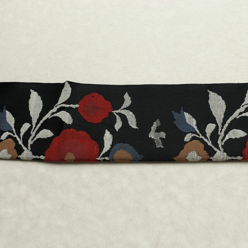 名古屋帯 六通柄 良品 正絹 花柄 松葉仕立て なごや帯 リサイクル帯 帯 黒_画像14