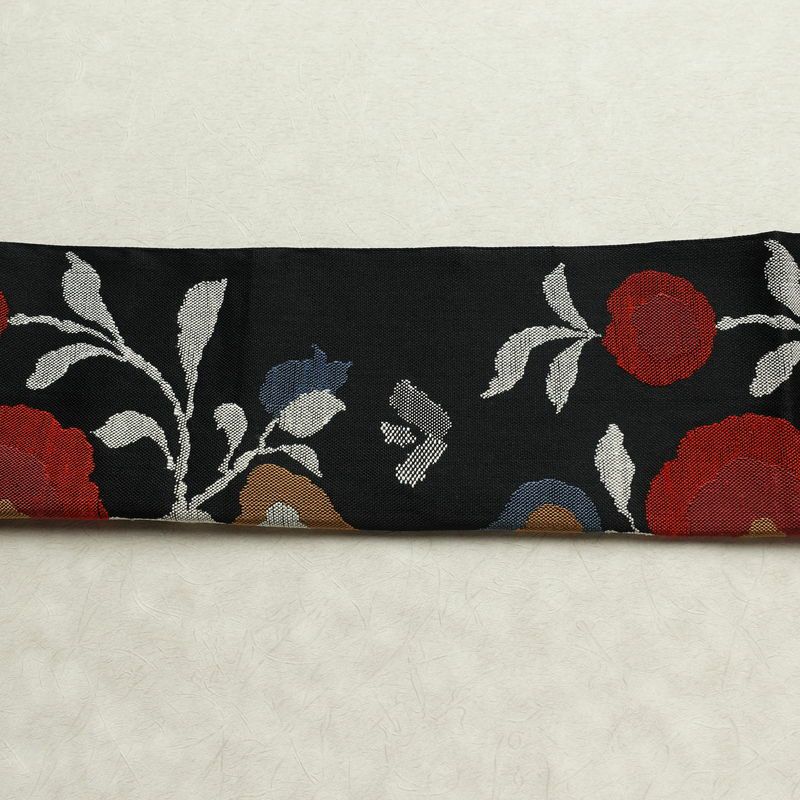 名古屋帯 六通柄 良品 正絹 花柄 松葉仕立て なごや帯 リサイクル帯 帯 黒_画像15