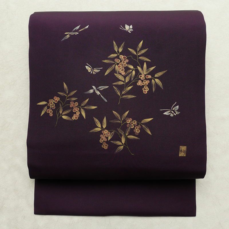 名古屋帯 太鼓柄 正絹 木の葉・植物柄 名古屋仕立て なごや帯 リサイクル帯 帯 金彩 紫・藤色_画像1