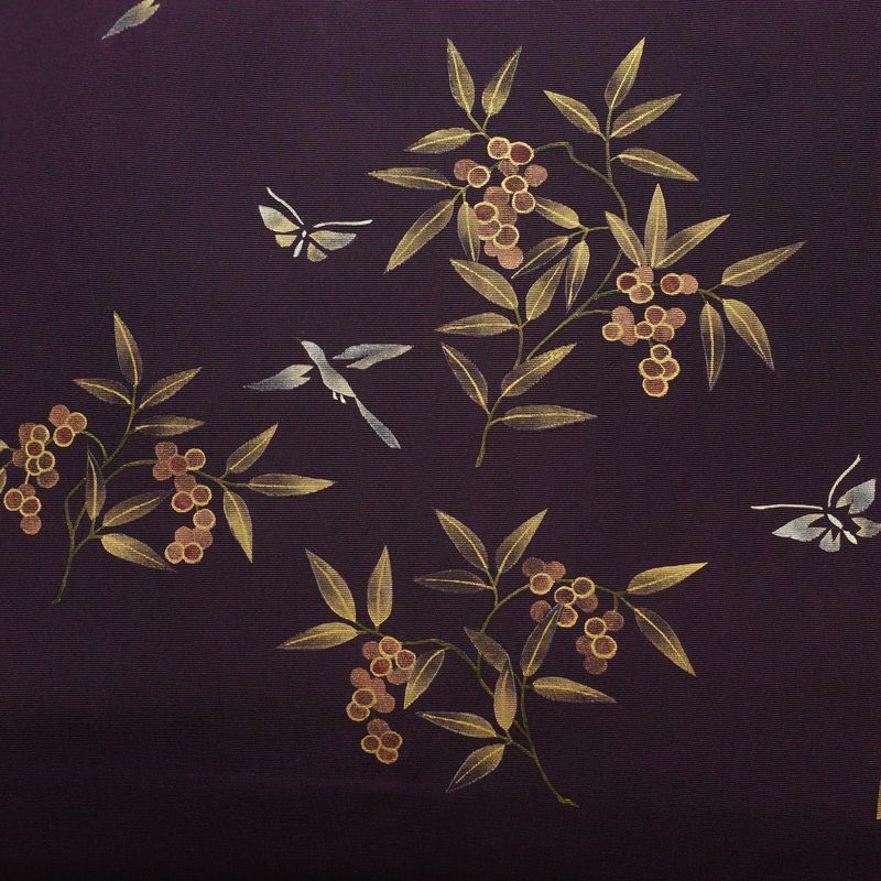 名古屋帯 太鼓柄 正絹 木の葉・植物柄 名古屋仕立て なごや帯 リサイクル帯 帯 金彩 紫・藤色_画像2