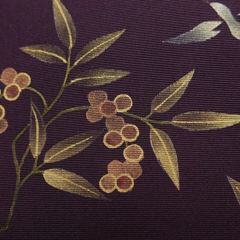 名古屋帯 太鼓柄 正絹 木の葉・植物柄 名古屋仕立て なごや帯 リサイクル帯 帯 金彩 紫・藤色_画像4