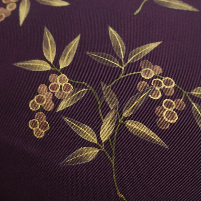 名古屋帯 太鼓柄 正絹 木の葉・植物柄 名古屋仕立て なごや帯 リサイクル帯 帯 金彩 紫・藤色_画像6
