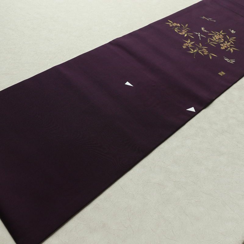 名古屋帯 太鼓柄 正絹 木の葉・植物柄 名古屋仕立て なごや帯 リサイクル帯 帯 金彩 紫・藤色_画像8