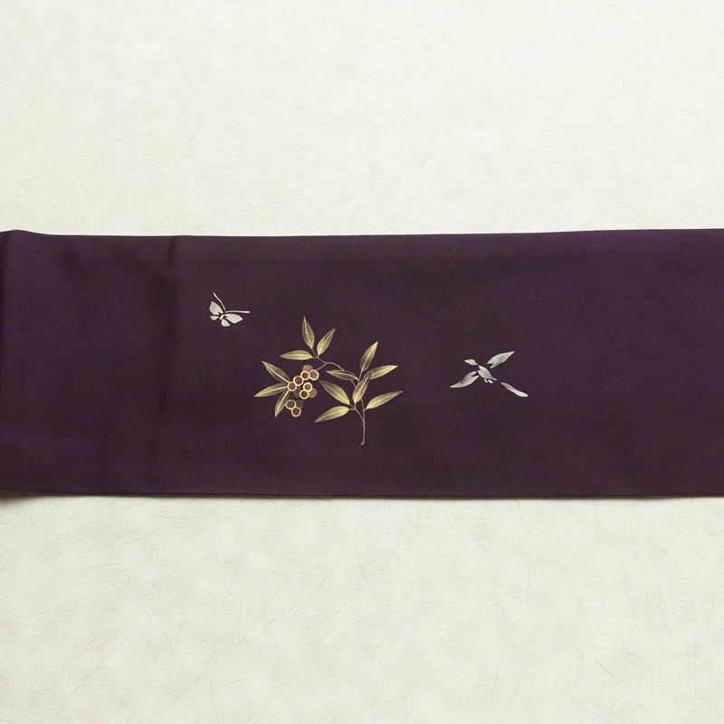 名古屋帯 太鼓柄 正絹 木の葉・植物柄 名古屋仕立て なごや帯 リサイクル帯 帯 金彩 紫・藤色_画像13