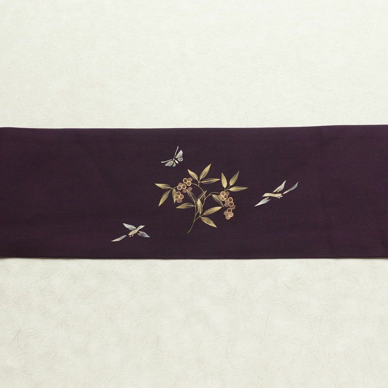 名古屋帯 太鼓柄 正絹 木の葉・植物柄 名古屋仕立て なごや帯 リサイクル帯 帯 金彩 紫・藤色_画像14