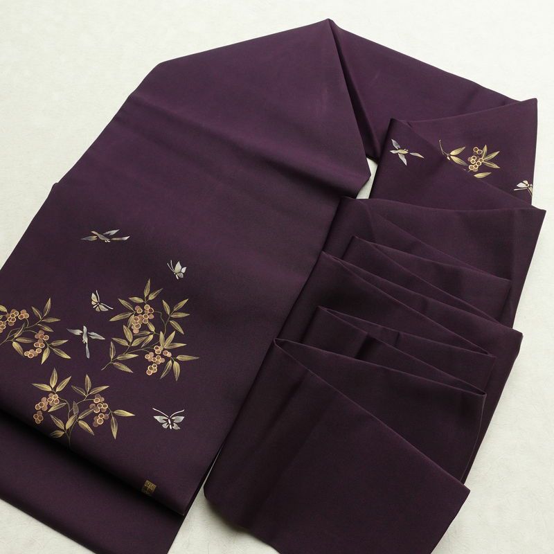 名古屋帯 太鼓柄 正絹 木の葉・植物柄 名古屋仕立て なごや帯 リサイクル帯 帯 金彩 紫・藤色_画像17